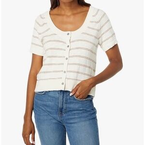 Madewell‎ Linden Scoop Sweater Tee XS Short Sleeve Striped Button Cream Brown